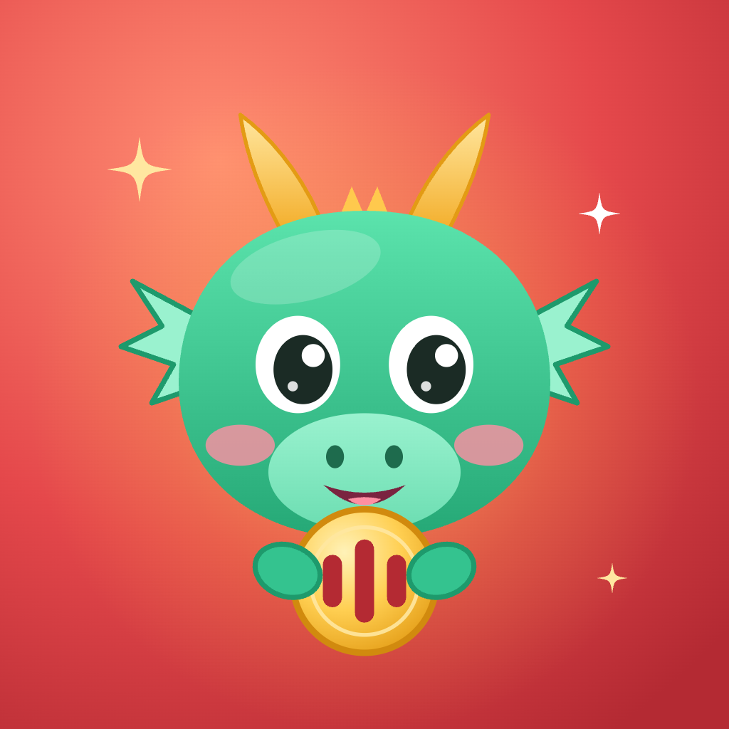 Icon app Xu: đầu rồng ngọc ôm đồng xu vàng có ba vạch sóng âm trên nền san hô